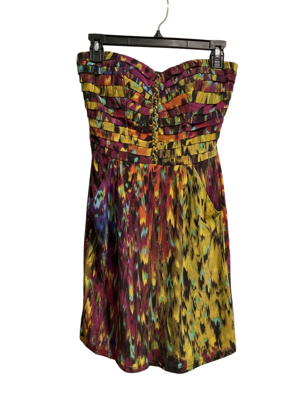 Charlie Jade Silk Pleated Strapless Mini Dress Ikat Print Multicolor
